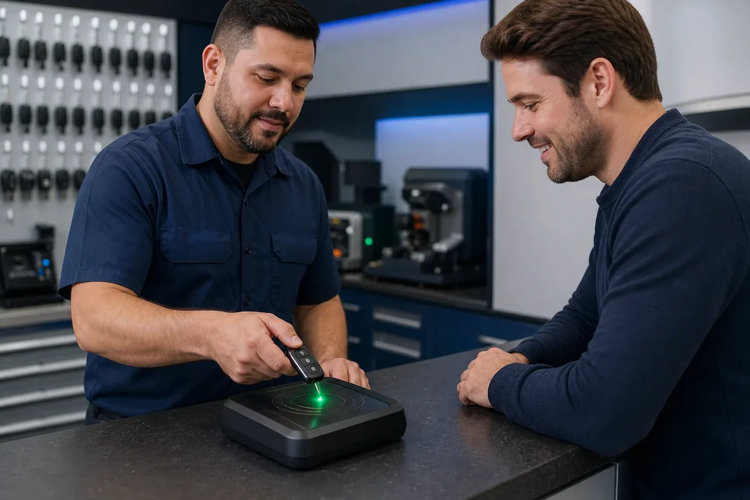Chaveiro programando um controle remoto de automóvel em Itanhaém.